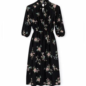🌸 H&M Black Floral Midi Dress | Tie Neck | 3/4 Sleeves | Sz S 🌸